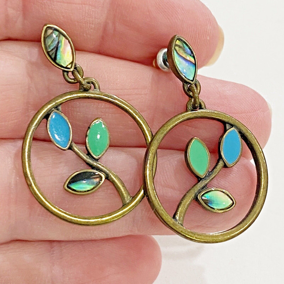 Boho pierced earrings vintage hippie chic floral gold blue green abalone beachy - Picture 3 of 4